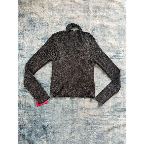 NWT! Xhilaration Black Metallic Silver Ribbed Mock Neck Cutout Long Sleeve XL - Picture 4 of 7